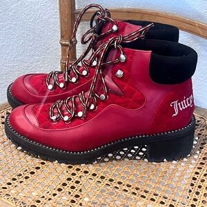 Juicy Couture Red Combat Boots with Black Accents